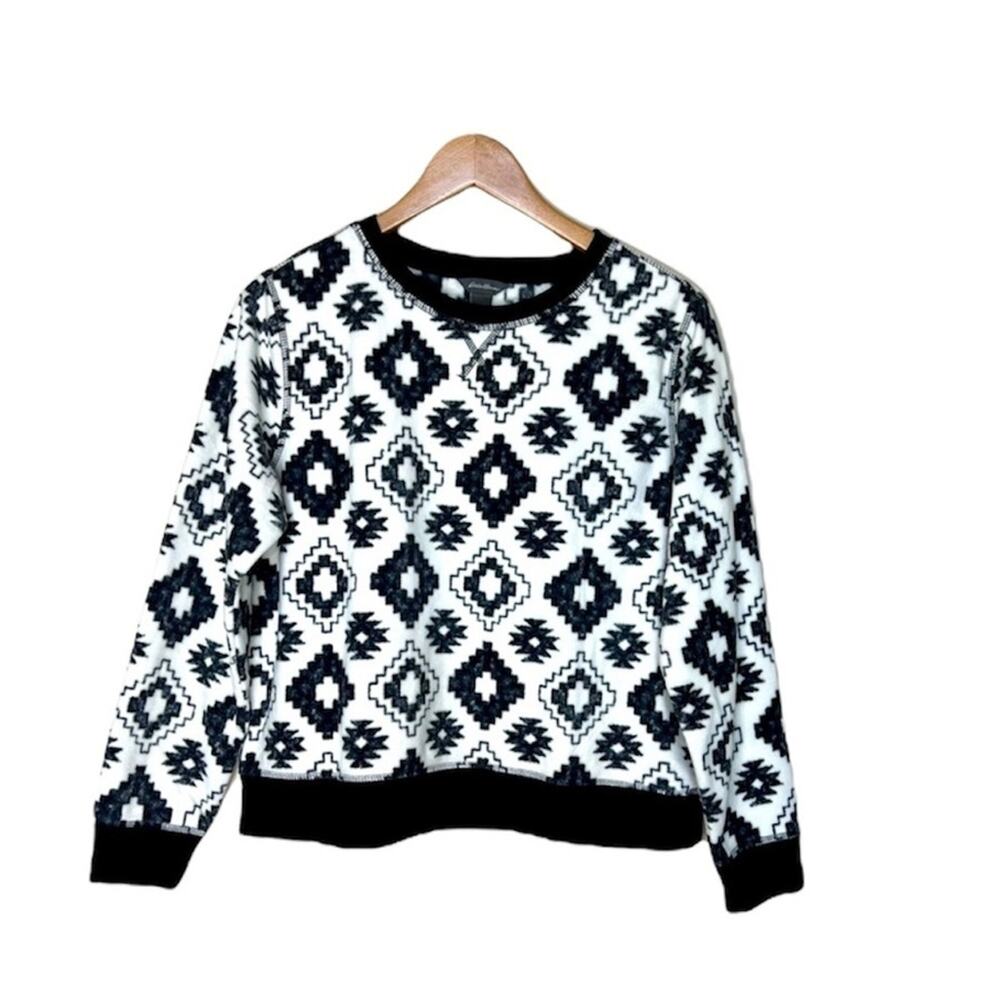 Eddie Bauer sweatshirt M crew geometric print fleece pullover black white